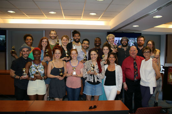 The chorus of The Great Comet poses with their award statuettes alongside Josh Groban, Equity 2nd VP R. Kim Jordan, Business Rep David Westphal and Executive Director Mary McColl